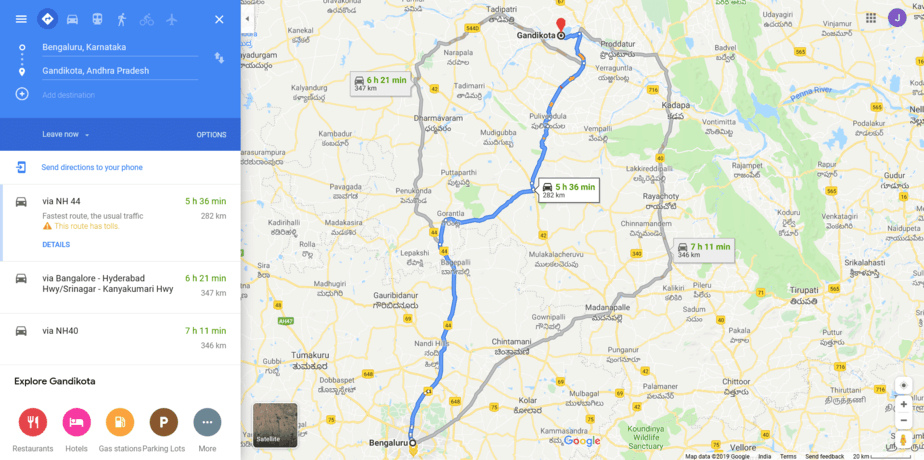 Bangalore to Gandikota road route map NH44